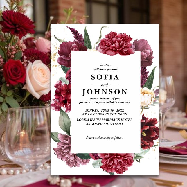 Invitation Rouge Bourgogne profond Fleurs de mariage Rose Mar (Créateur téléchargé)