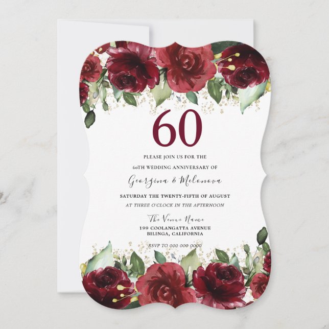 Invitation Rouge Bourgogne Romantique 60e Anniversaire de Mar (Devant)