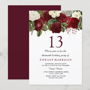 Invitation Rouge Bourgogne Rose blanche 13e anniversaire Invi