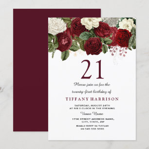 Invitation Rouge Bourgogne Rose blanche 21e anniversaire Invi