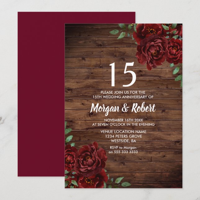 Invitation Rouge Bourgogne Rose Rustique 15e Anniversaire de  (Devant / Derrière)