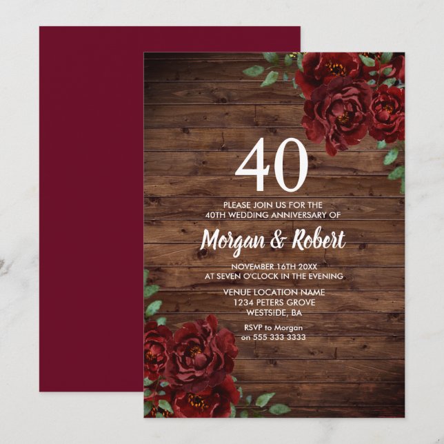 Invitation Rouge Bourgogne Rose Rustique 40ème Anniversaire d (Devant / Derrière)