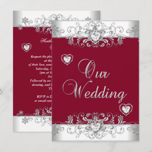 Invitation Rouge Bourgogne Royal Mariage Coeurs Diamant Argen