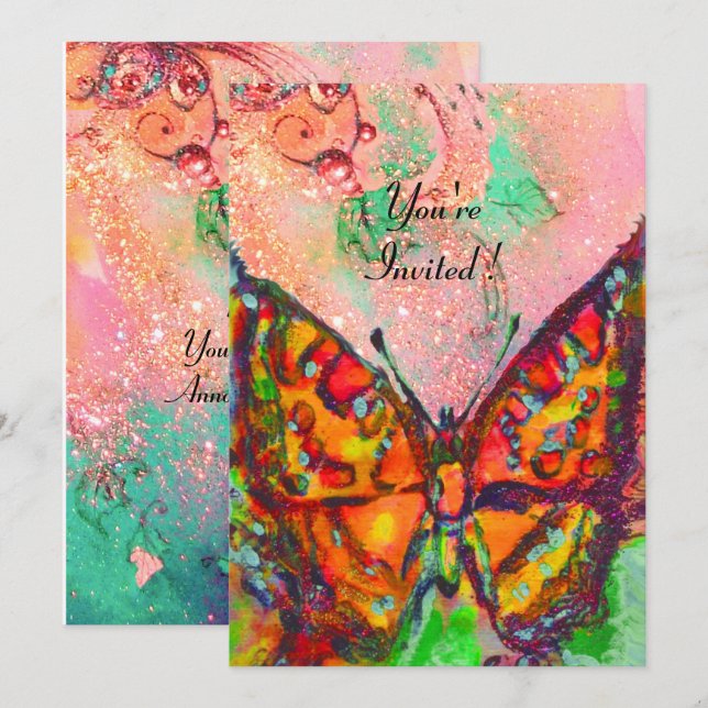 Invitation ROUGE BOUTTERFLY ROSE FUCHSIA OR PARKLES Sweet 16 (Devant / Derrière)