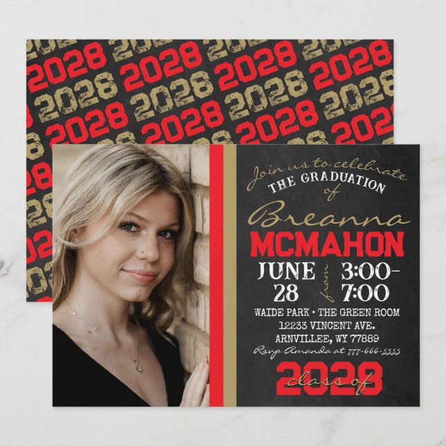 Invitation Rouge & Bronze Gold Chalkboard Graduation Photo (Devant / Derrière)