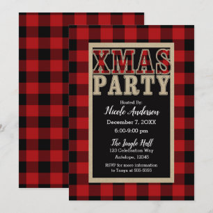 Invitation Rouge Buffalo Carreaux Rustique NOËL Fête de Noël