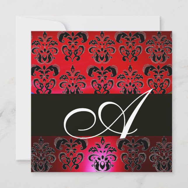 Invitation ROUGE BURGUNDY BLACK DAMASK MONOGRAM, rubis blanc (Devant)