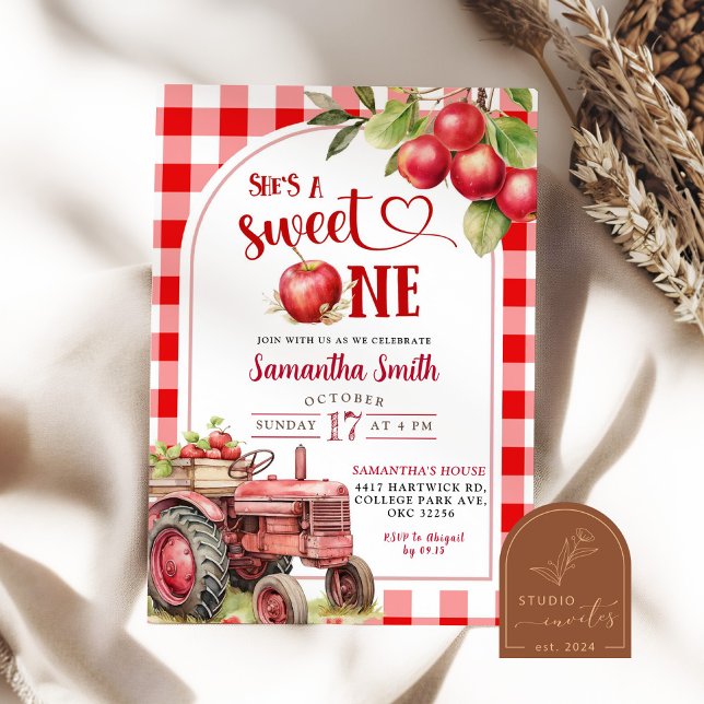 Invitation Rouge Carreaux Pomme Douce Première Fête d'Anniver (Créateur téléchargé)