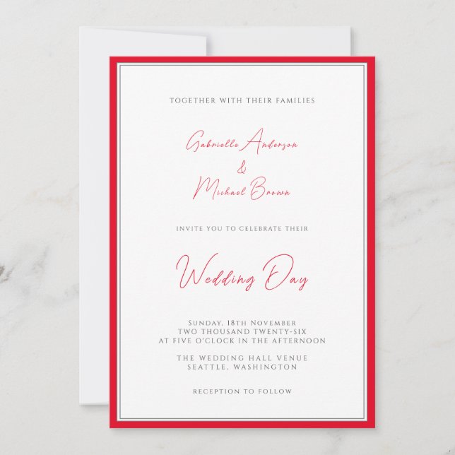 Invitation Rouge Cerise Mariage Traditionnel Simple Élégant (Devant)