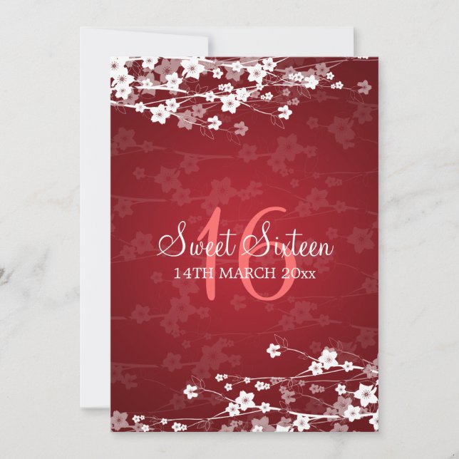 Invitation Rouge cerisier en fleurs Sweet sixteen (Devant)