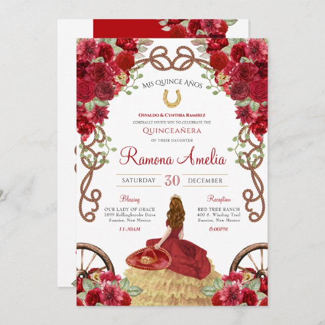 Invitation Rouge Charro Rustique Ouest Floral Quinceañera (Devant / Derrière)