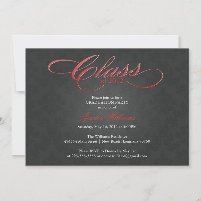 Invitation Rouge chic de l'obtention du diplôme | de damassé (Devant)
