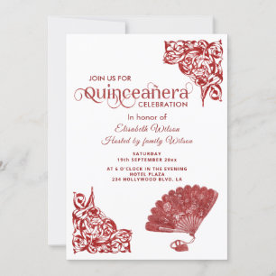 Invitation Rouge Chic éventail main roses romantique Quinceañ