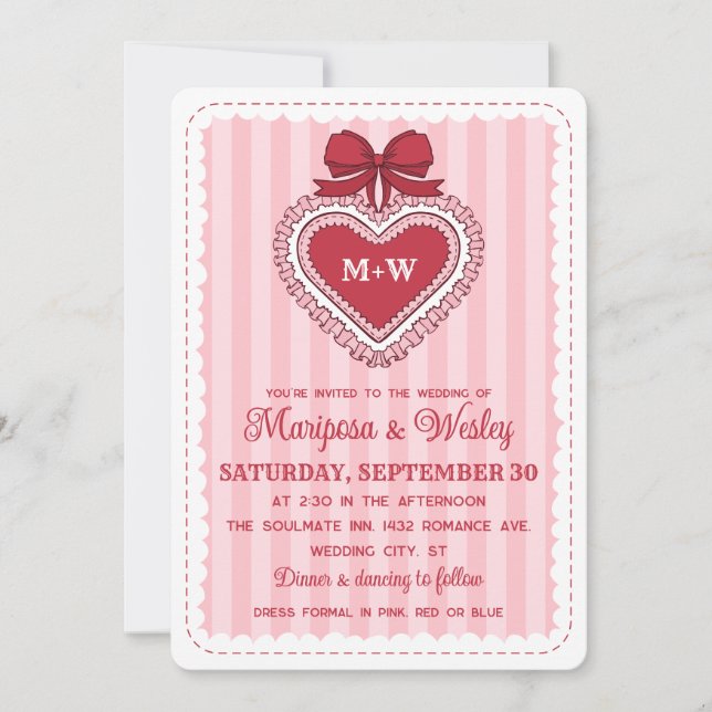 Invitation Rouge Coquette Mariage à rayures Cœur Froufrous (Devant)