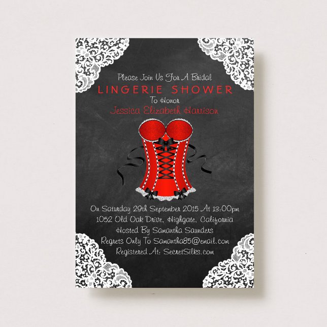 Invitation Rouge Corset blanc dentelle Chalkboard Lingerie Do (Créateur téléchargé)