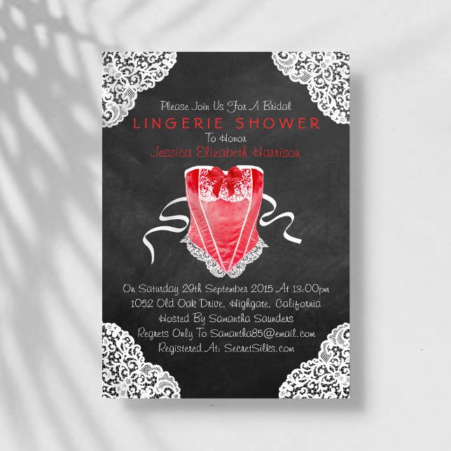 Invitation Rouge Corset blanc dentelle Chalkboard Lingerie Do (Créateur téléchargé)