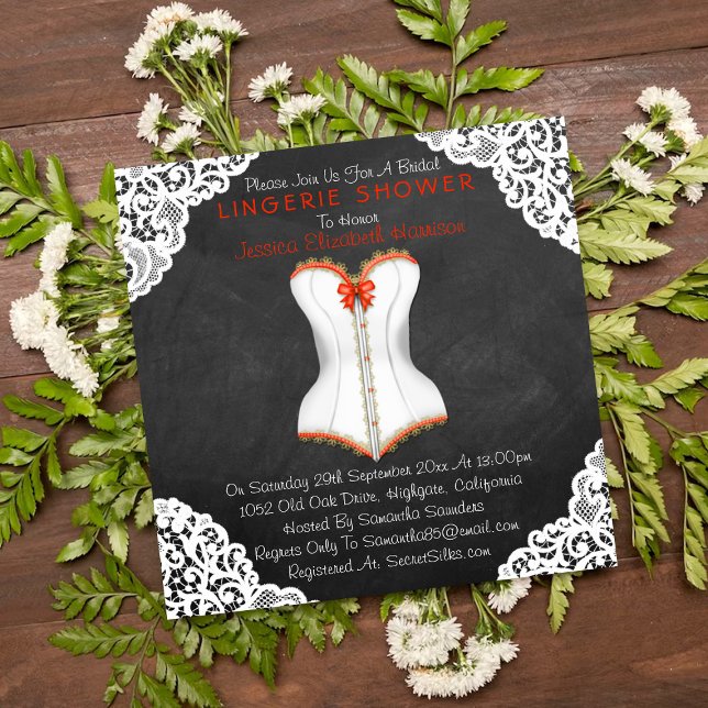 Invitation Rouge Corset blanc dentelle Chalkboard Lingerie Do (Créateur téléchargé)