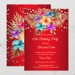 Invitation Rouge Couleur Mixte Jaune palmiers floraux or Anni