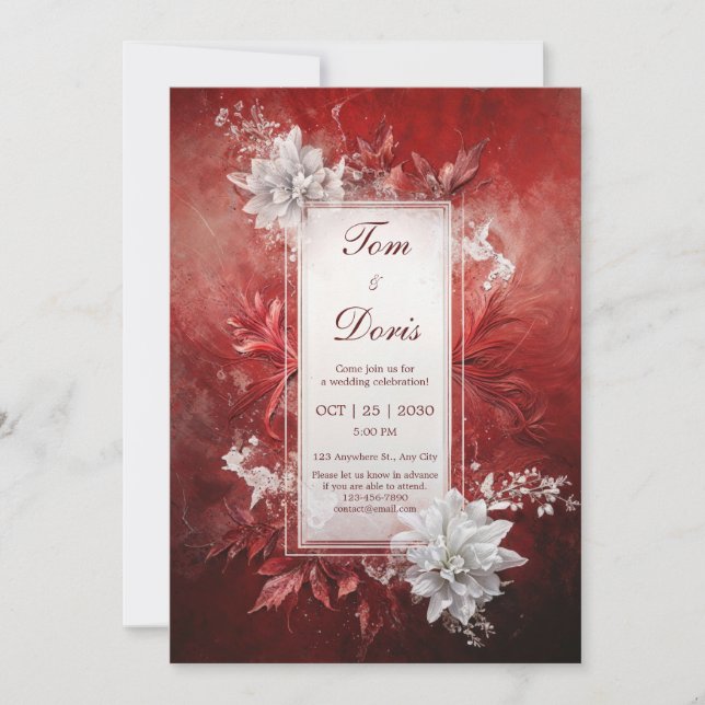 Invitation Rouge Cramoisi Foncé Fleurs Blanches Mariage d'Hiv (Devant)