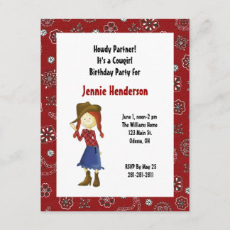 Invitation rouge d'anniversaire de cow-girl