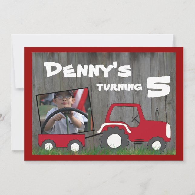 Invitation rouge d'anniversaire de tracteur : (Devant)