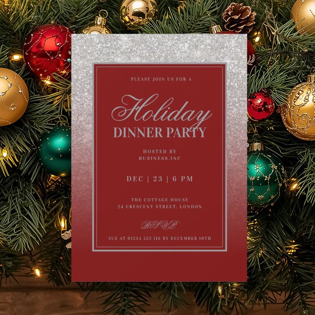 Invitation Rouge de dîner de vacances FAUX Paillettes Glam Ar (Silver Glam FAUX Glitter Holiday Dinner Red Invitation)