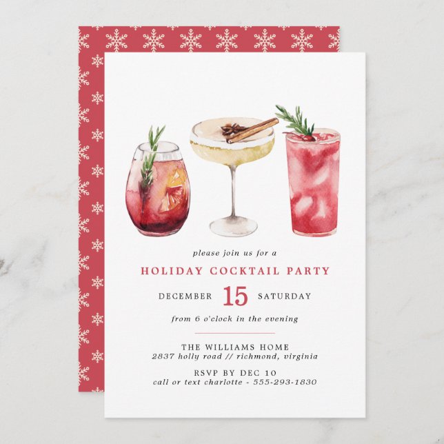 Invitation Rouge de fête | Watercolor Holiday Cocktail Party (Devant / Derrière)