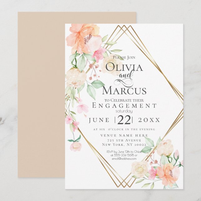 Invitation Rouge de fiançailles Crème Corail Bouquet floral d (Devant / Derrière)