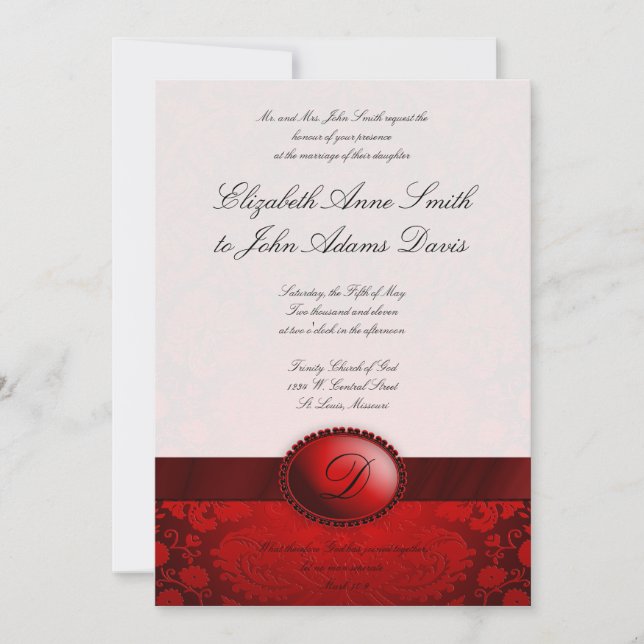 Invitation rouge de mariage damassé de ruban (Devant)