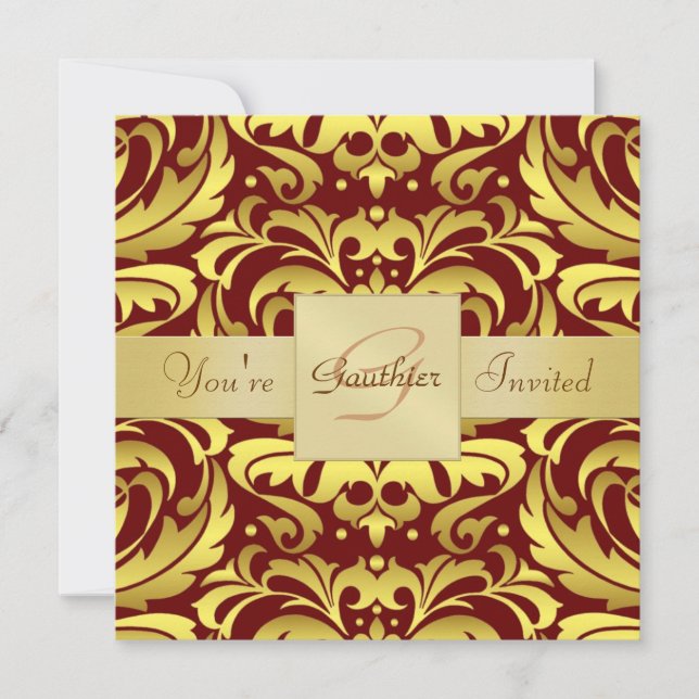 Invitation rouge de monogramme de feuille d'or de (Devant)
