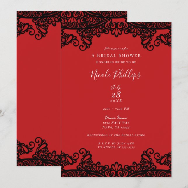 Invitation Rouge & Dentelle Noire Élégant Chic Réception de M (Devant / Derrière)