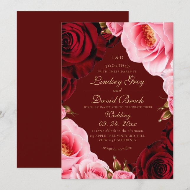 Invitation Rouge Divin Classique Mariage Roses Bourgogne (Devant / Derrière)