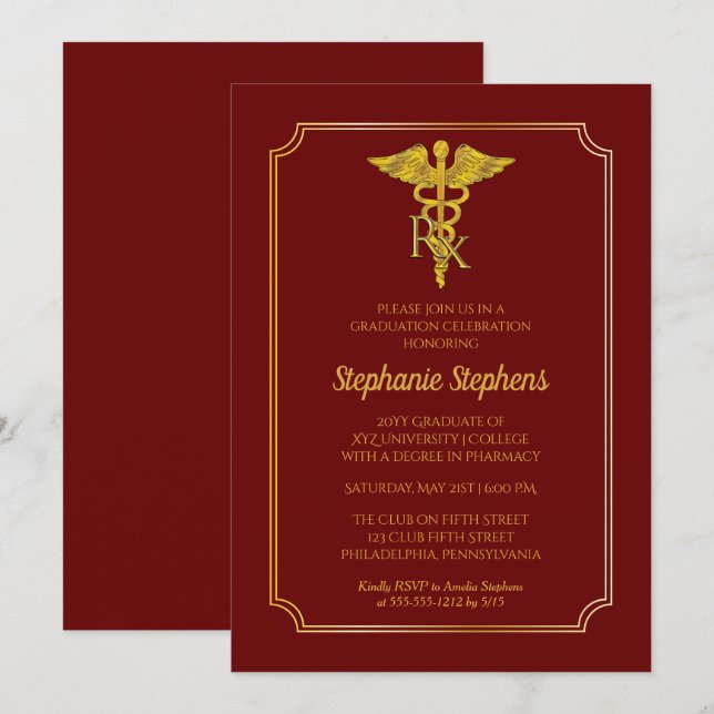 Invitation Rouge Dk | Gold Rx Pharmacy Graduation Party (Devant / Derrière)