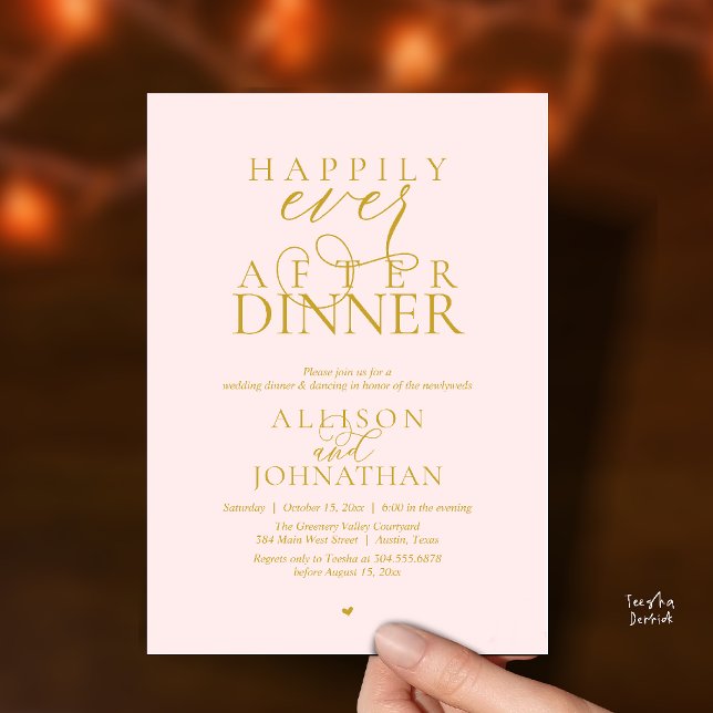 Invitation Rouge Doré Bonheur Éternel Dîner de Mariage (Blush Gold Happily Ever After Dinner Modern Script Wedding Invitation Card)