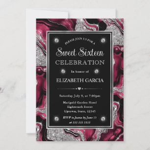 Invitation Rouge élégant avec feuille d'argent et paillettes 