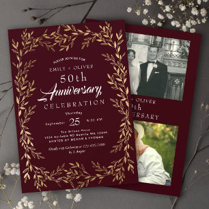 Invitation Rouge Elegant Gold Leaf Anniversaire Photo