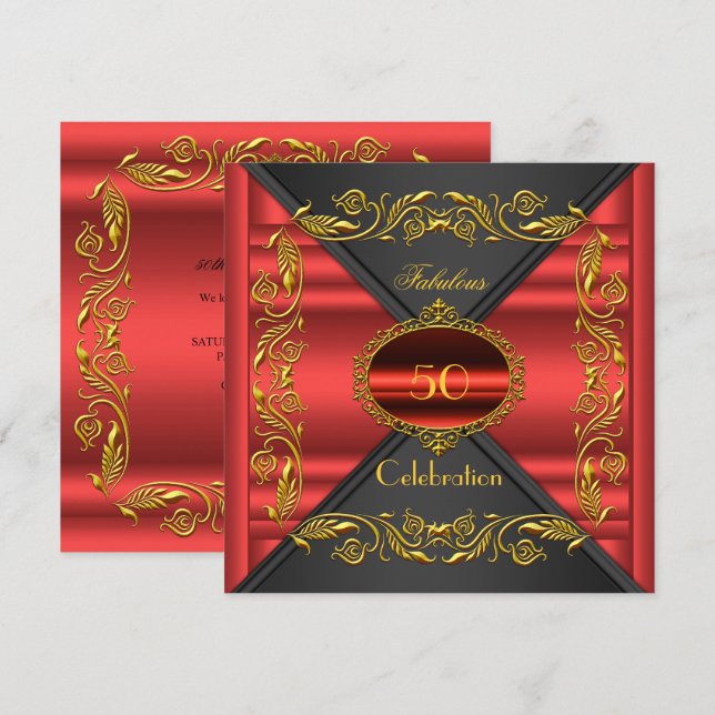 Invitation Rouge Élégant Or Noir Fabuleux 50e Anniversaire (Devant / Derrière)