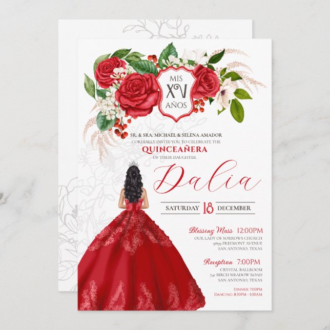 Invitation Rouge Elégant Rose Floral Crest Formal Quinceañera (Devant / Derrière)