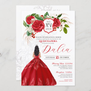 Invitation Rouge Elégant Rose Floral Crest Formal Quinceañera