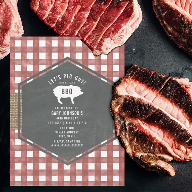 Invitation Rouge En vichy Chalkboard Pig Burlap Anniversaire  (Créateur téléchargé)