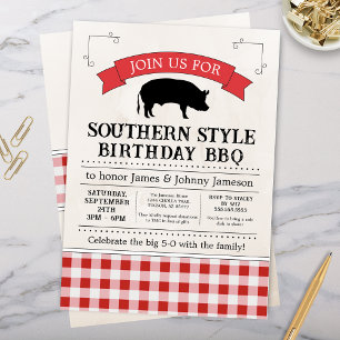 Invitation Rouge En vichy Sud BBQ Pig Roast Anniversaire