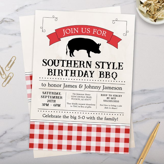 Invitation Rouge En vichy Sud BBQ Pig Roast Anniversaire (Southern Barbeque Birthday party cookout rustic gingham bbq celebration invitation)