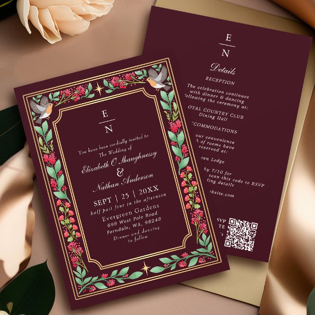 Invitation Rouge Enchantant Botanical Floral Mariage QR Code (Créateur téléchargé)