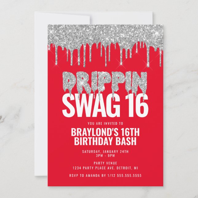 Invitation Rouge et argent Déchets Swag 16 Anniversaire (Devant)