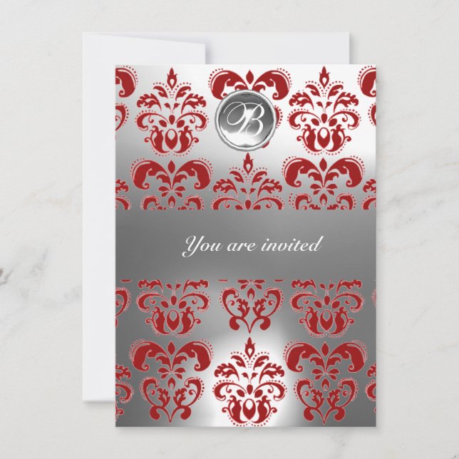 INVITATION ROUGE ET BLANC DAMASSÉ PIERRE GEMME MONOGRAMME (Devant)