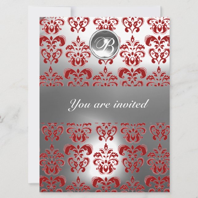 INVITATION ROUGE ET BLANC DAMASSÉ PIERRE PRÉCIEUSE MONOGRAMME (Devant)