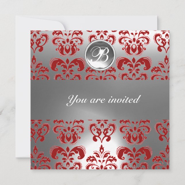 INVITATION ROUGE ET BLANC DAMASSÉ PIERRE PRÉCIEUSE MONOGRAMME (Devant)