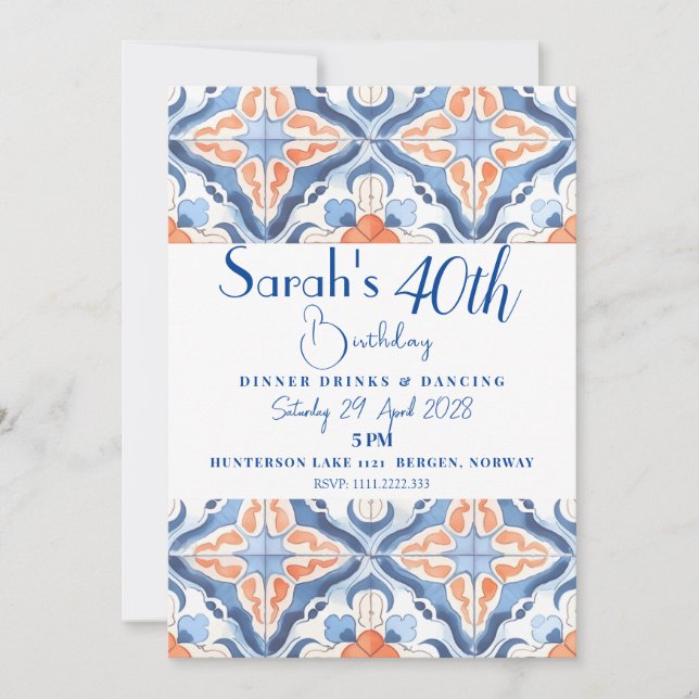 Invitation Rouge et bleu Anniversaire carreau marocain (Devant)