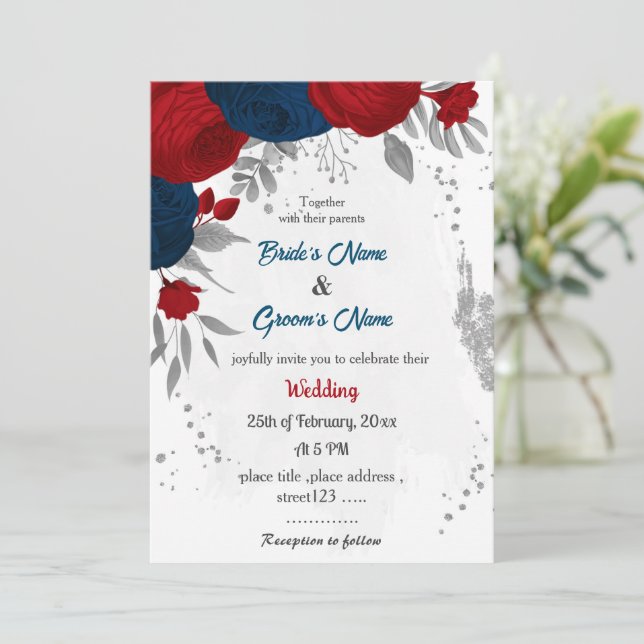 Invitation rouge et bleu marine fleurs argent feuille mariage (Debout devant)