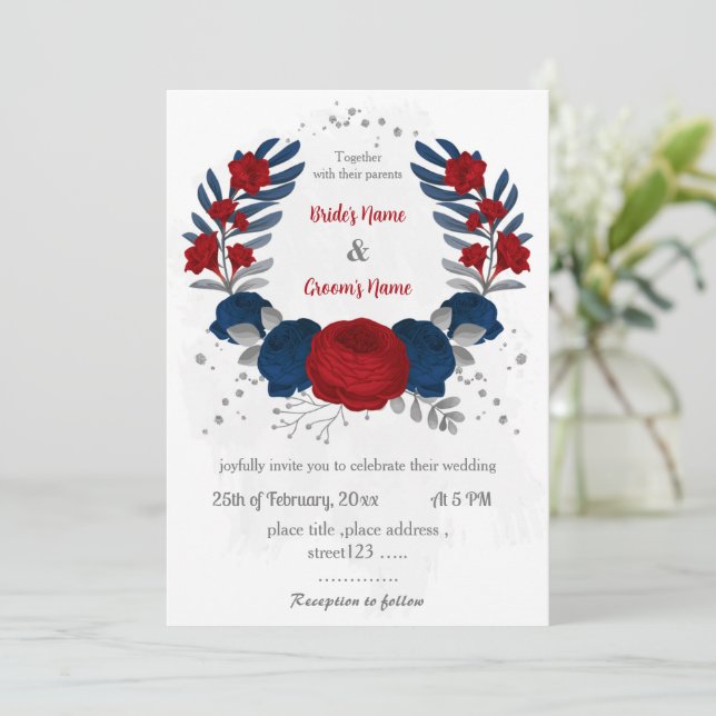 Invitation rouge et bleu marine fleurs argent feuille mariage (Debout devant)